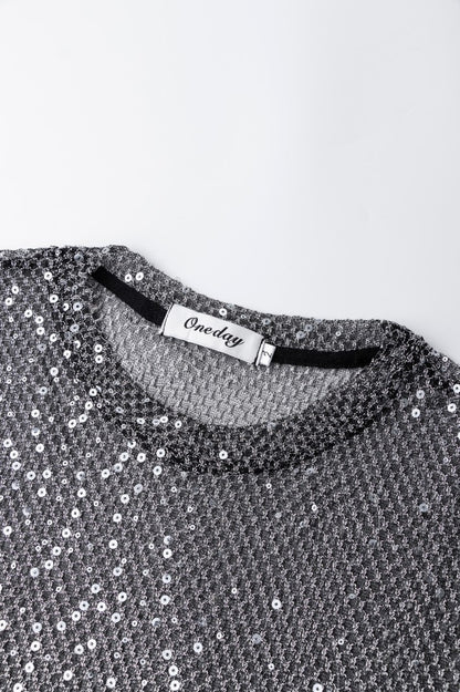 Sequin Mesh Sheer Oversize Long Sleeve T-Shirt WN27946