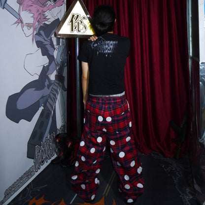 Plaid Polka Dot Drawstring Wide Leg Pants WN27378