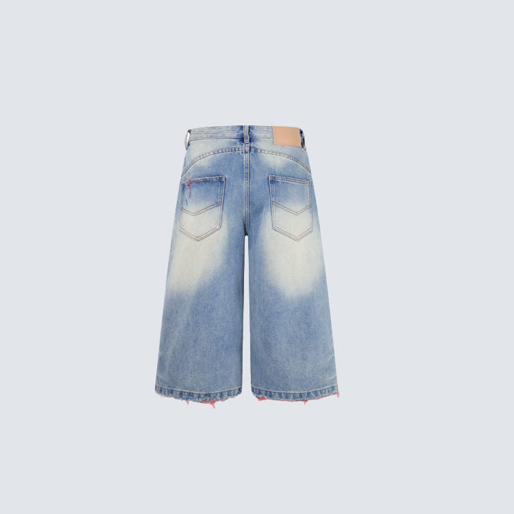 Washed Damage Graphic Denim Half Jeans WN28002