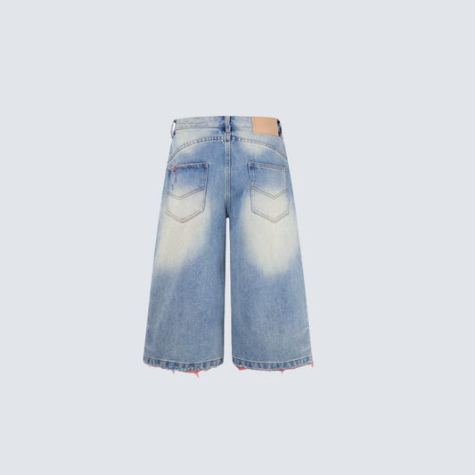 Washed Damage Graphic Denim Half Jeans WN28002
