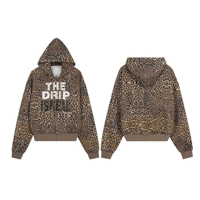 Leopard Print Letter Graphic Zipper Hoodie WN23565 – WONDER NOAH