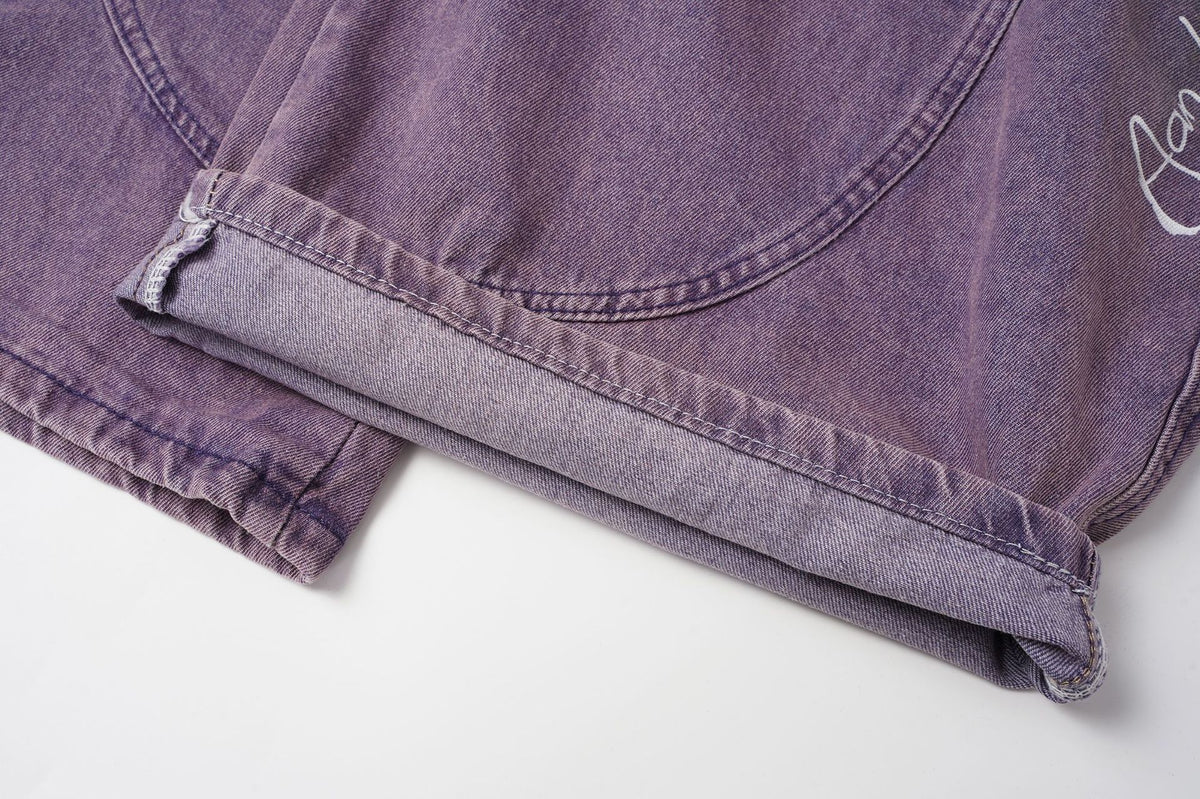 Washed Panel Wide Leg Letter Denim Jeans WN27951