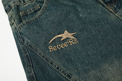 Washed Embroidery Wide Leg Denim Jeans WN25406