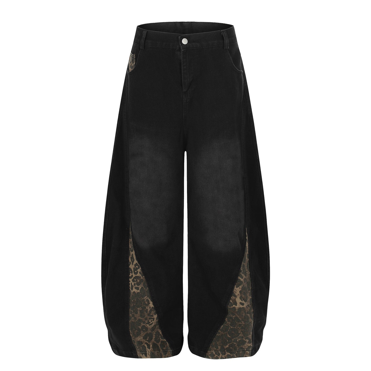 Washed Leopard Panel Curved Denim Jeans WN25514