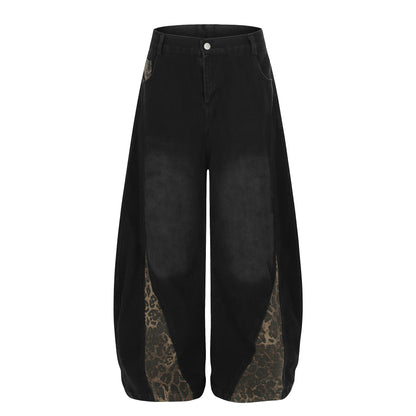 Washed Leopard Panel Curved Denim Jeans WN25514