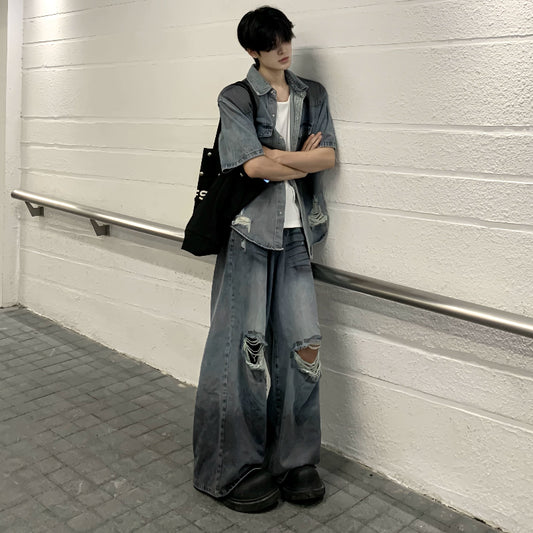 Washed Damage Deconstructed  Denim Jacket &  Damage Wide Leg Denim Jeans Setup WN19814