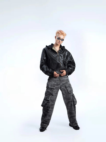 Fake Layered Reversible Hooded PU Leather Jacket WN20633