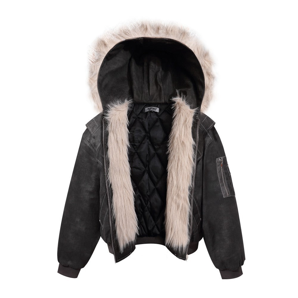 Fake Fur Collar Hooded Denim Jacket WN28101