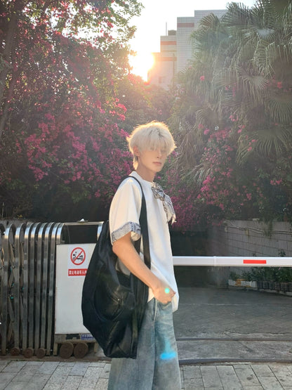 Snake Print Ribbon Contrast Short Sleeve T-Shirt WN19724