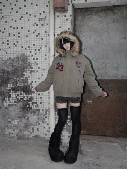 Patch Embroidery Fake Fur-Collar Hooded Jacket WN22188