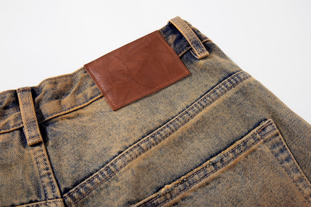 Mud Dye Washed Whisker Wide Leg Denim Jeans WN27904
