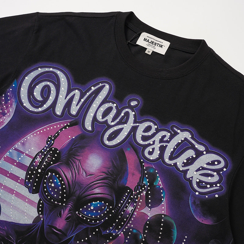 Planet Graphic Rhinestone Letter Short Sleeve T-Shirt WN28109