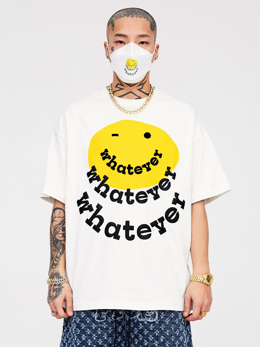 Smiley Face Raised Print Pure Cotton Short Sleeve T-Shirt WN12218