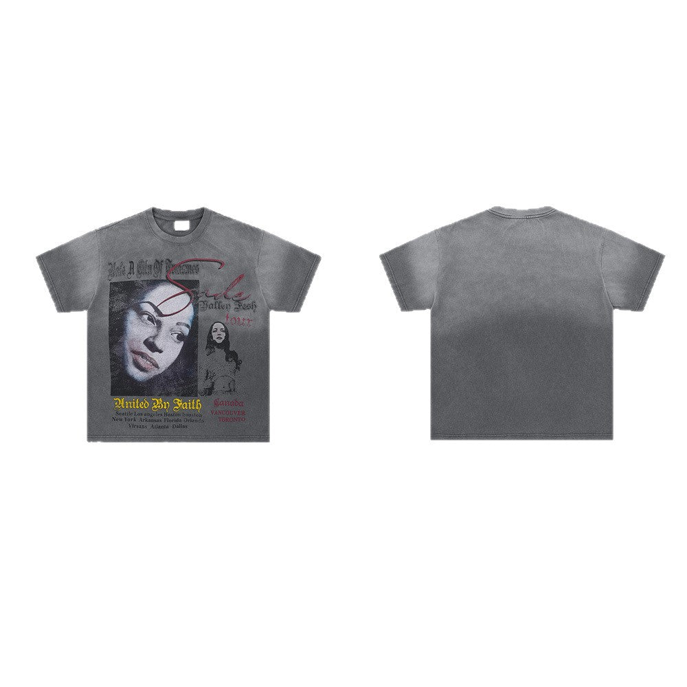 Washed Portrait Graphic Letter Print Short Sleeve T-Shirt WN26440