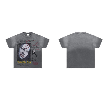 Washed Portrait Graphic Letter Print Short Sleeve T-Shirt WN26440