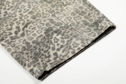 Leopard Print Washed Multi-Pocket Wide Leg Denim Jeans WN27926