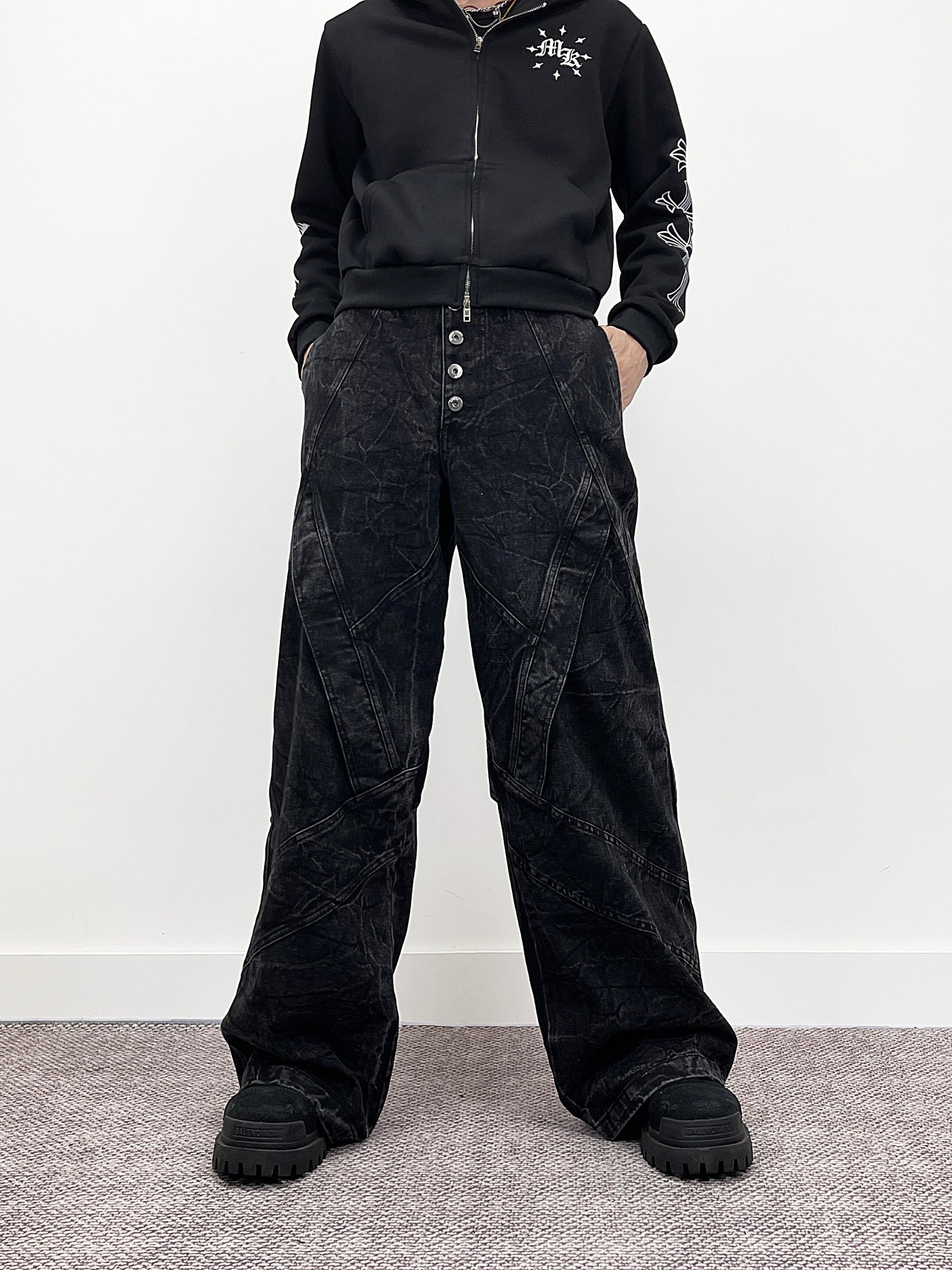 Cracked Wash Deconstructed Wide Leg Denim Jeans WN24278