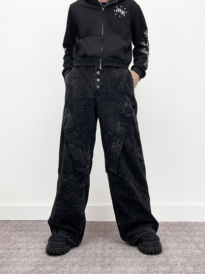 Cracked Wash Deconstructed Wide Leg Denim Jeans WN24278