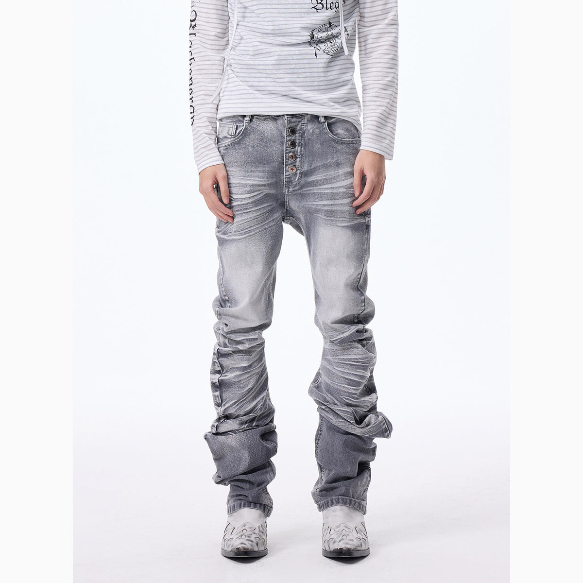 Whisker Washed Curved-Cut Skinny Denim Jeans WN27328