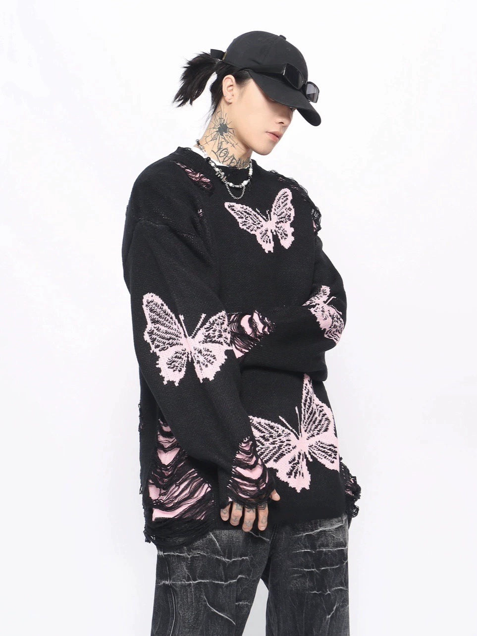 Butterfly Damage Oversize Knit Sweater WN10901