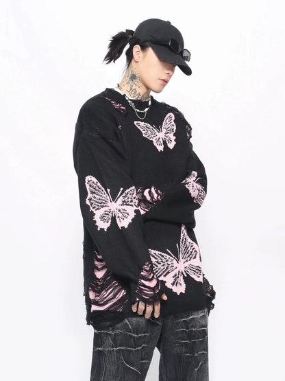 Butterfly Damage Oversize Knit Sweater WN10901