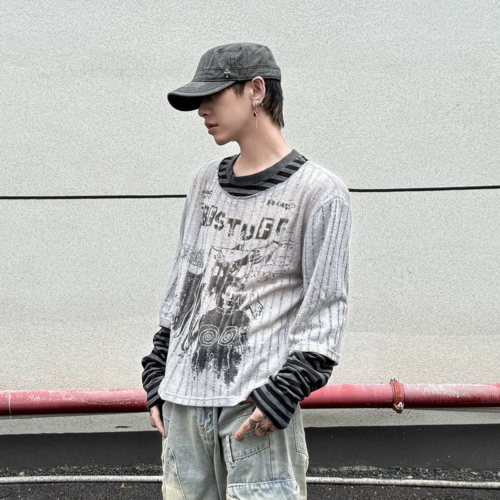 Fake Layered Stripe Hollow Print Long Sleeve T-Shirt WN21151
