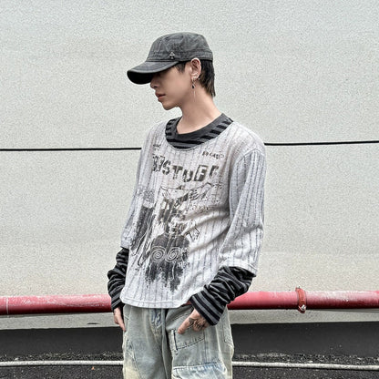 Fake Layered Stripe Hollow Print Long Sleeve T-Shirt WN21151