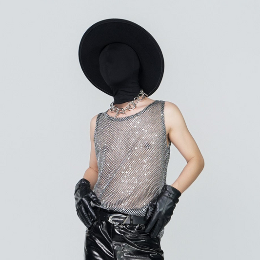 Rhinestone Mesh Sleeveless T-Shirt WN24316