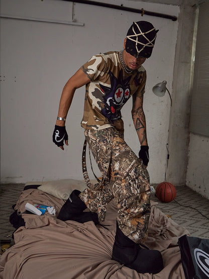 Detachable Belt Branch Camouflage Wide Leg Cargo Pants WN17044