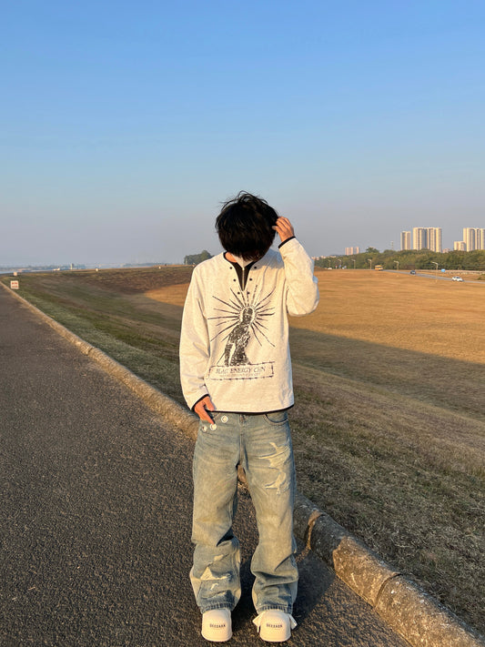 Graphic Print Button Detail Long Sleeve T-Shirt WN24040