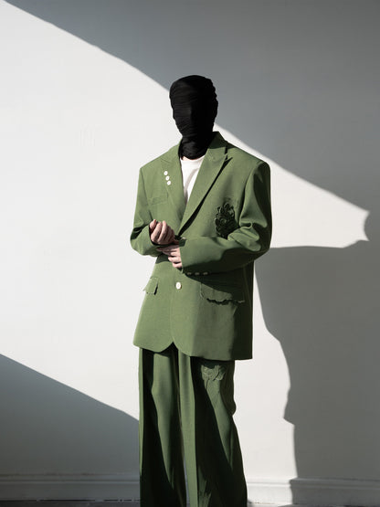 Flower Design Asymmetric Pocket Tailored Jacket & Trousers Setup WN23840