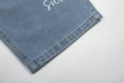 Washed Letter Print Wide Leg Denim Jeans WN25563