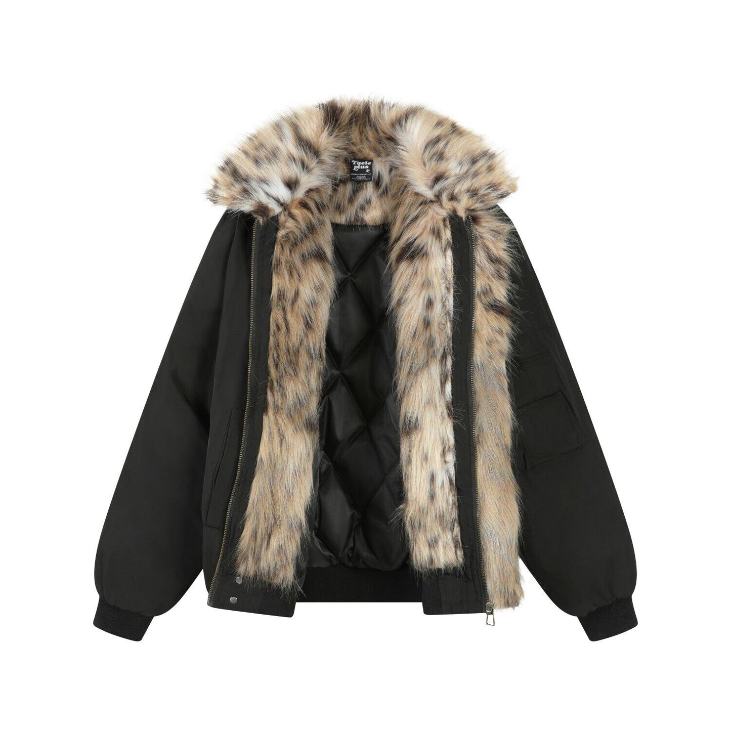 Leopard Fake Fur Lapel Short Padded Jacket WN22842