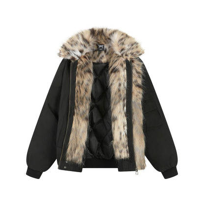 Leopard Fake Fur Lapel Short Padded Jacket WN22842