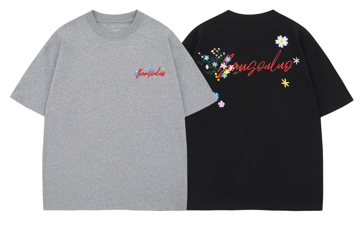 Floral Letter Embroidery Oversize Short Sleeve T-Shirt WN26897