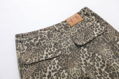 Leopard Print Multi-Pocket Wide Leg Half Pants WN25827