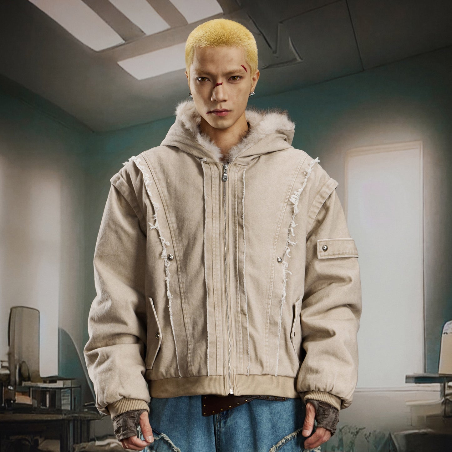 Heavyweight Washed Deconstructed Patchwork Puffer Jacket WN22751