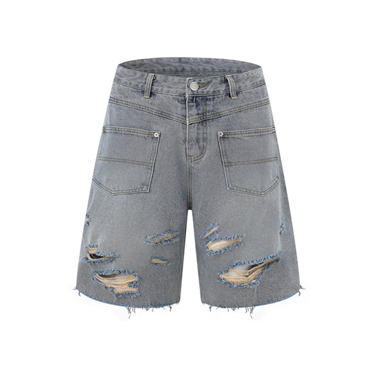 Washed Damage Wide Leg Denim Short Pants WN25596