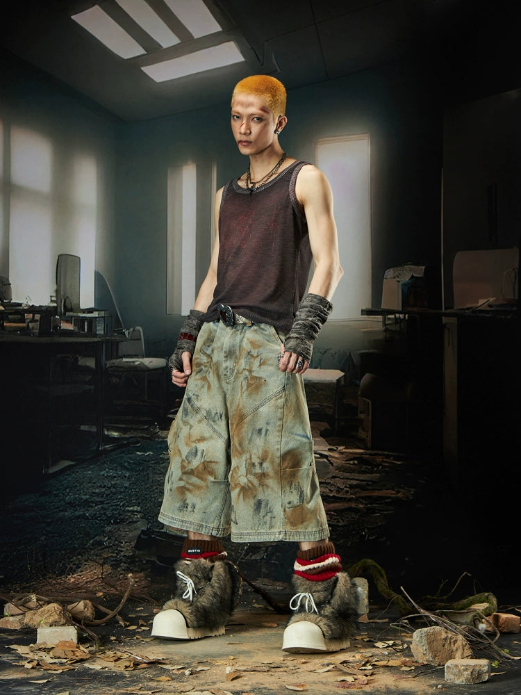 Wash Side Pleats Layered Wide Leg Half Pants WN18473