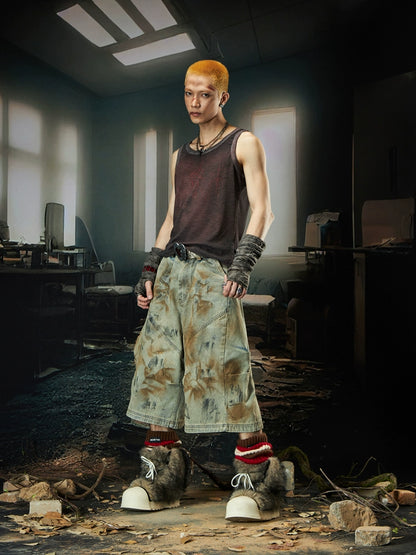 Wash Side Pleats Layered Wide Leg Half Pants WN18473