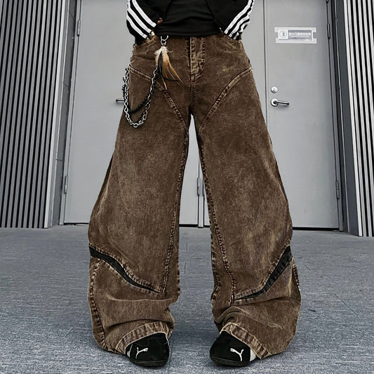 Corduroy Deconstructed Patchwork Curved Wide Leg Denim Jeans WN24216