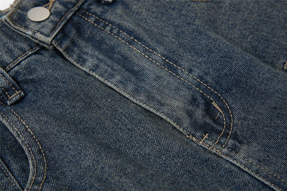 Washed Damage Multi-Pocket Curved Leg Denim Jeans WN26807