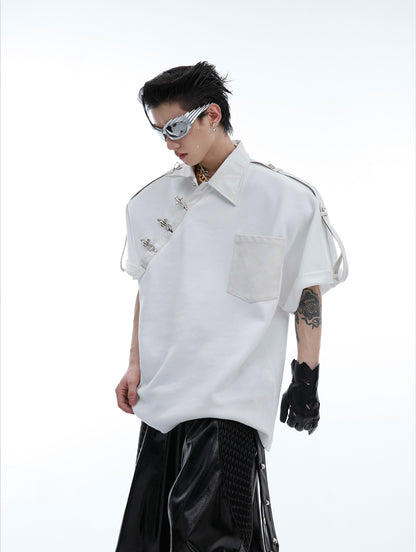 PU Leather Mix Shoulder Pad Polo Short Sleeve Shirt WN7478