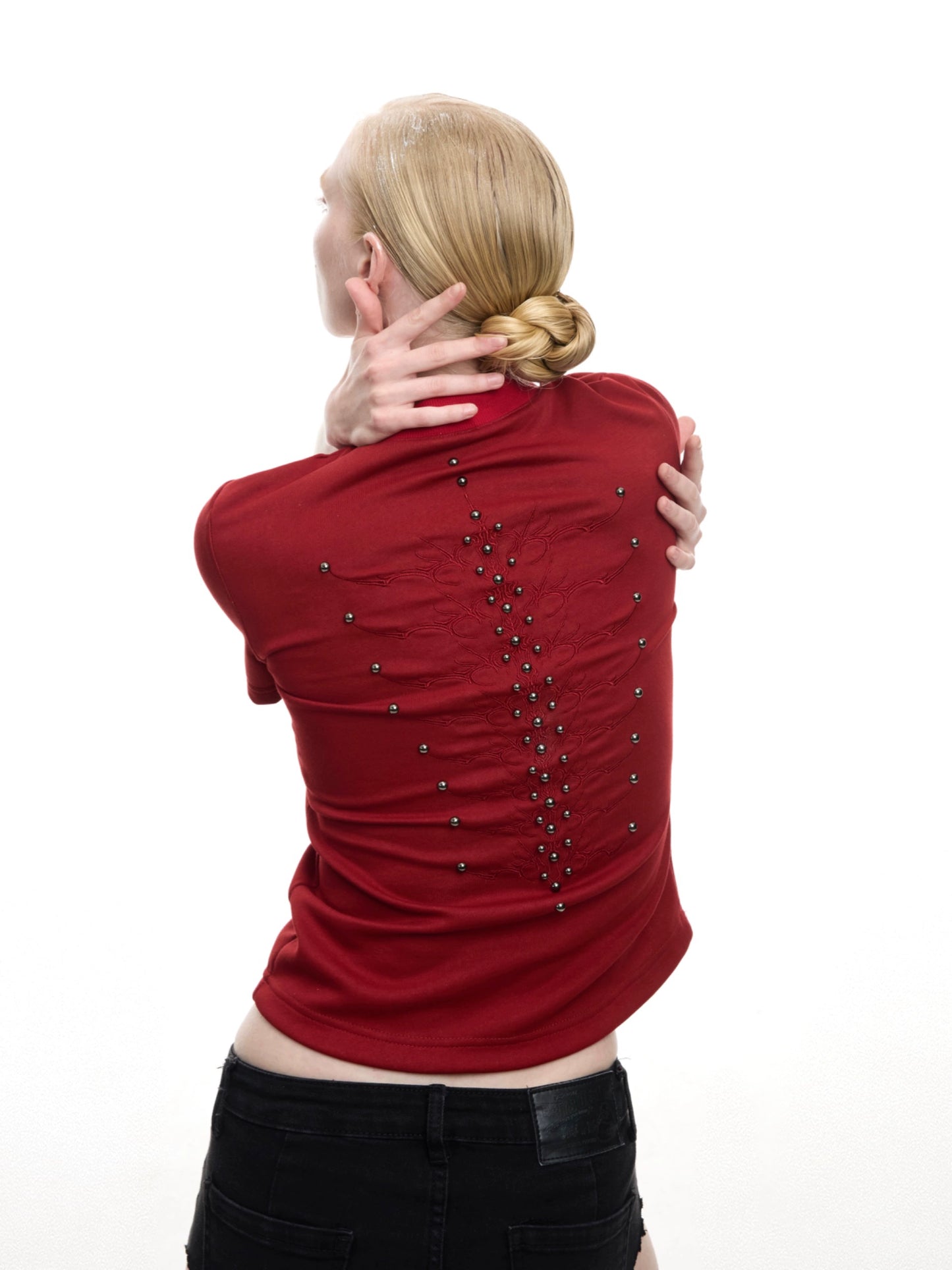 Spine Embroidery Metal Studs Short Sleeve T-Shirt WN16311
