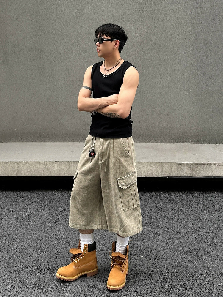 Marble Pattern Washed Wide Leg Cargo Half Pants WN19544