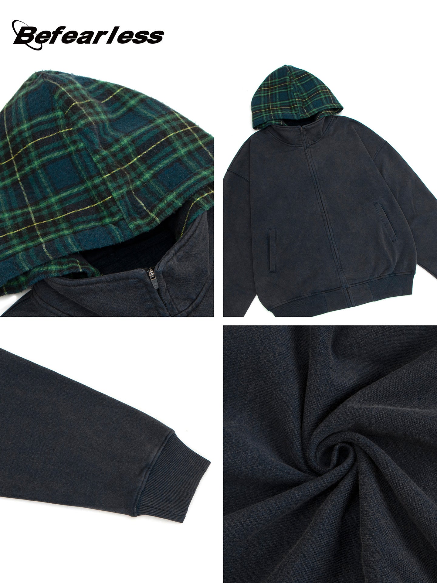 Heavyweight Washed Fake Layered Plaid Zipper Hoodie WN26175