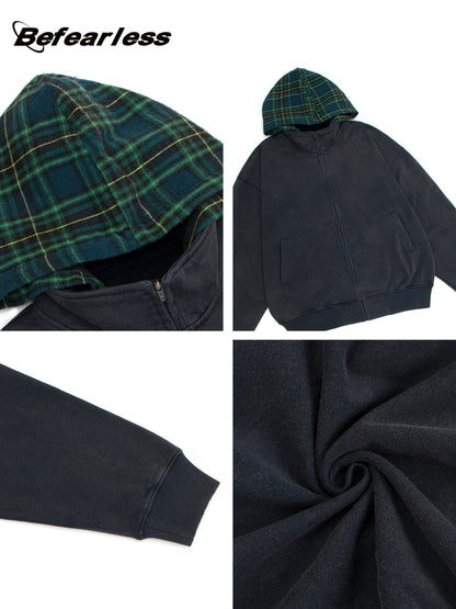 Heavyweight Washed Fake Layered Plaid Zipper Hoodie WN26175