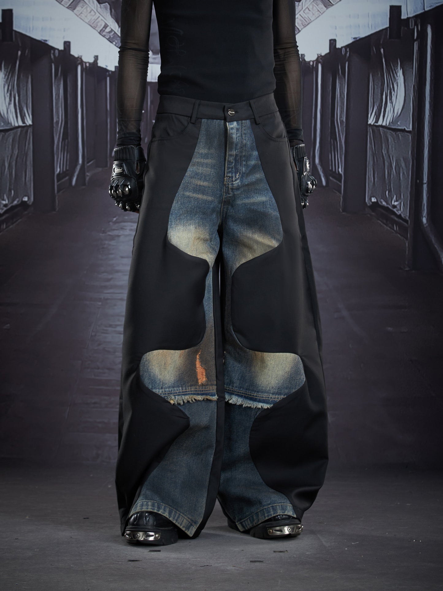 Deconstruct Patchwork Wash Straight Denim Jeans WN22884