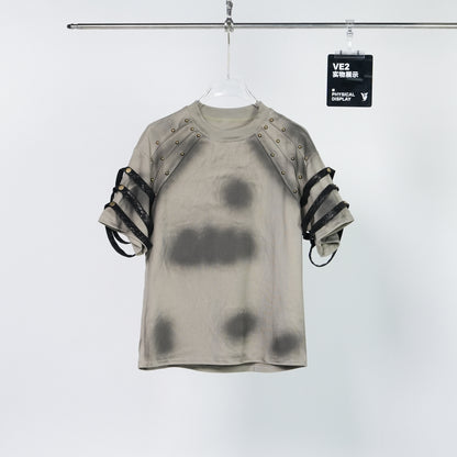 Washed Damage Studs Detail Strap Short Sleeve T-Shirt WN24315