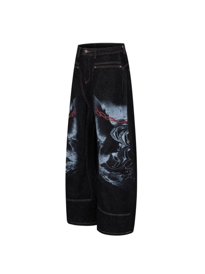 Graphic Print Wide Leg Denim Jeans WN28099
